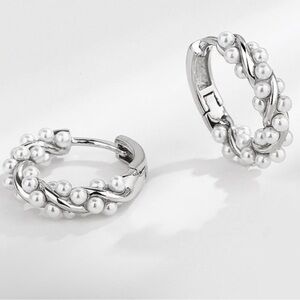 Silvertone with Faux Pearl Hoop Earrings NWT